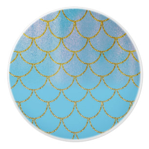 Bouton De Porte En Céramique Écailles de sirène iridescentes bleu et or à paill