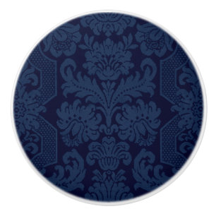 Bouton De Porte En Céramique Élégant Damas victorien bleu orné