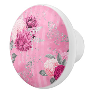 Bouton De Porte En Céramique Élégant rose Roses Parties scintillant Argent Papi