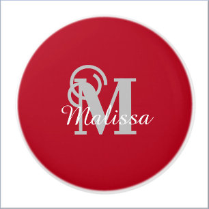 Bouton De Porte En Céramique Élégant rouge personnalisé initial et nom