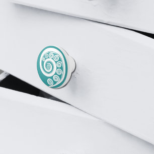Bouton De Porte En Céramique Élégant Turquoise & Boucles Koru Blanches