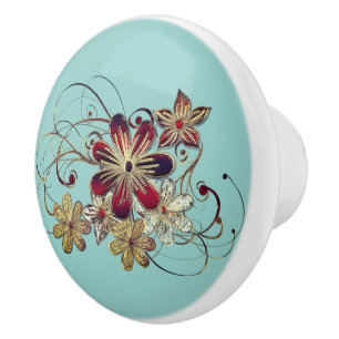 Bouton De Porte En Céramique Élégant Vintage Floral Turquoise