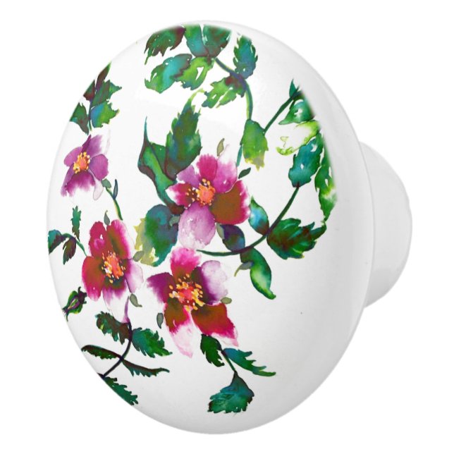 Bouton De Porte En Céramique Elégante aquarelle moderne fleur sauvage rose fonc (Droite)
