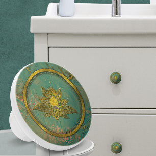 Bouton De Porte En Céramique Élégante fleur de Lotus d'or sur marbre