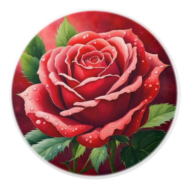 Bouton De Porte En Céramique Élégantes Roses Rouges (Devant)