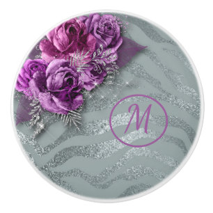 Bouton De Porte En Céramique Élégants Roses violets sur un monogramme Arrière -