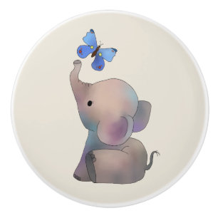 Bouton De Porte En Céramique Éléphant avec papillon