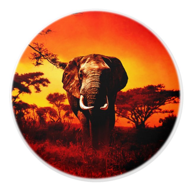 Bouton De Porte En Céramique Éléphant de coucher du soleil (Devant)