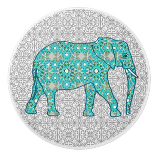 Bouton De Porte En Céramique Eléphant fleur Mandala, turquoise, gris & blanc