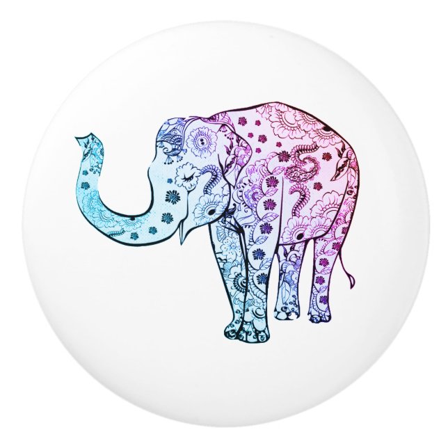 Bouton De Porte En Céramique Eléphant floral Paisley (Devant)