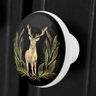 Bouton De Porte En Céramique Elk Deer Black Gold Nature Aquarelle