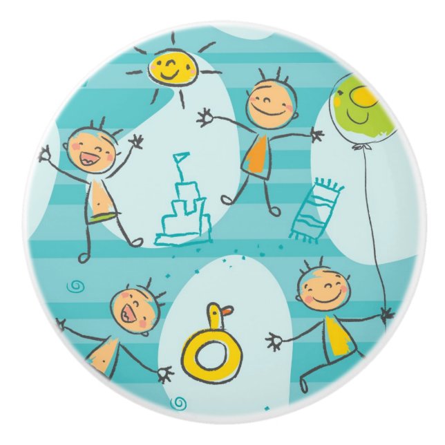 Bouton De Porte En Céramique Enfants mignons jouant sur le motif de plage (Devant)