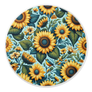 Bouton De Porte En Céramique Été/tournesol/oiseau