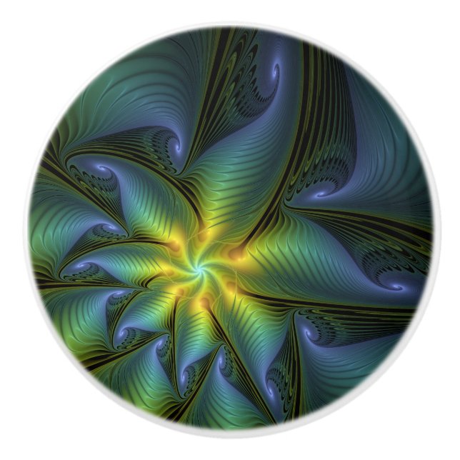 Bouton De Porte En Céramique Etoile Abstraite, Bleu brillant Vert Or Fractal Ar (Devant)
