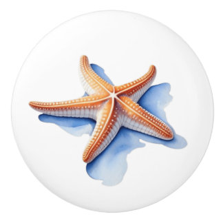 Bouton De Porte En Céramique Étoile de mer et silhouette bleue