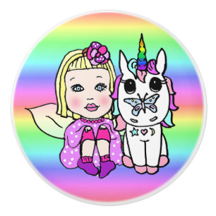 Bouton De Porte En Céramique Fée rose et licorne avec baguette de poussière éto