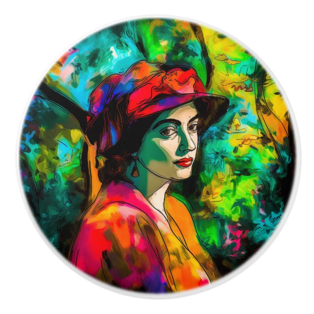 Bouton De Porte En Céramique Femme en Casquette rouge (Devant)