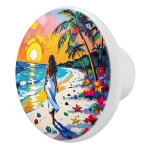 Bouton De Porte En Céramique Femme sur la plage Scène tropicale Personnalisée