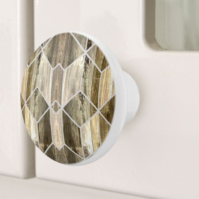 Bouton De Porte En Céramique Ferme moderne Brown bois Motif géométrique (Modern Farmhouse Brown Wood Geometric Pattern Ceramic Knob)