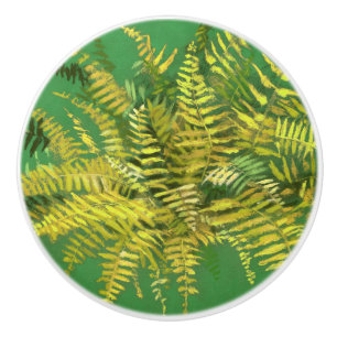 Bouton De Porte En Céramique Ferne, frondes, fleuris, vert jaune doré vert