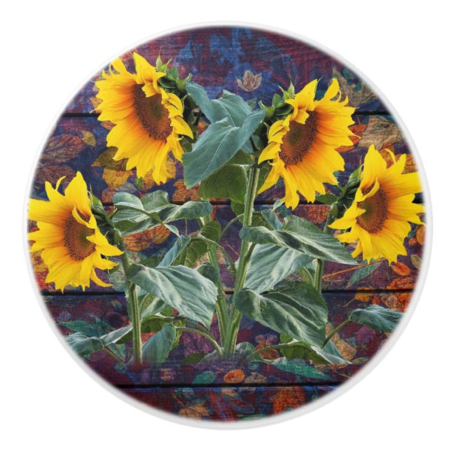Bouton De Porte En Céramique Feuilles d'automne rustiques et tournesols (Devant)