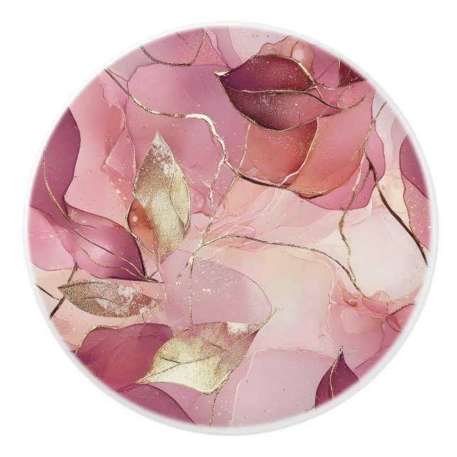 Bouton De Porte En Céramique Feuilles d'or rose (Devant)