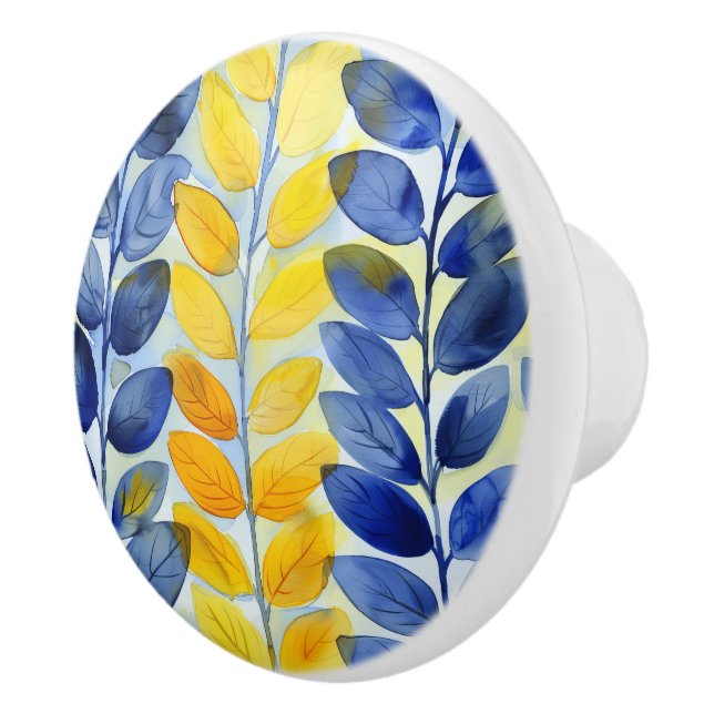 Bouton De Porte En Céramique Feuilles jaune et bleu (Droite)