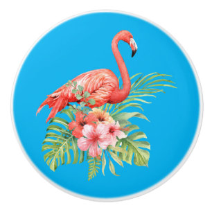 Bouton De Porte En Céramique Flamant rose aquarelle et Hibiscus