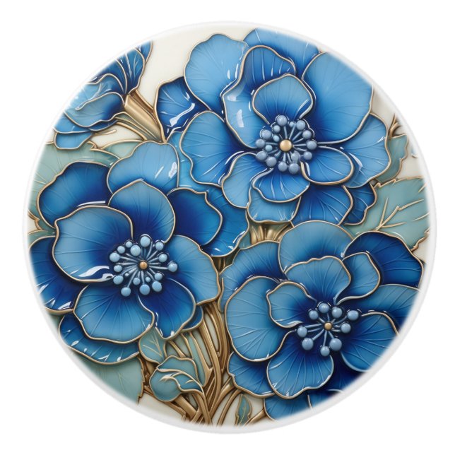 Bouton De Porte En Céramique Fleur Blue Hydrangea (Devant)