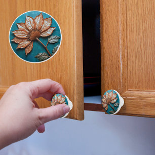Bouton De Porte En Céramique Fleur de Cuivre en Fleur sur Teal