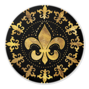Bouton De Porte En Céramique Fleur de lis - décoration circulaire - Or et noir