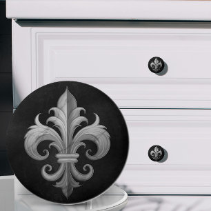 Bouton De Porte En Céramique Fleur-De-Lis Marbre noir et blanc