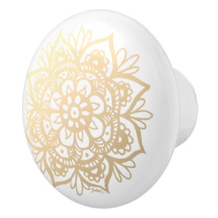 Bouton De Porte En Céramique Fleur Mandala or élégant