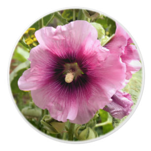 BOUTON DE PORTE EN CÉRAMIQUE FLEUR ROSE HOLLYHOCK