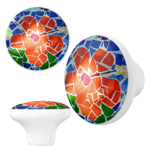 Bouton De Porte En Céramique Fleur rouge coloré Mosaïque Floral