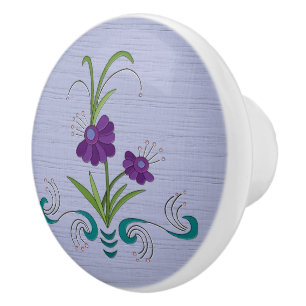 Bouton De Porte En Céramique Fleur violette joueuse avec des persiennes Turquoi