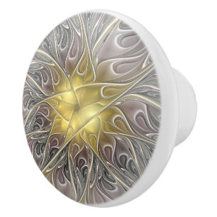 Bouton De Porte En Céramique Fleurir Avec Or Moderne Fleur Abstraite Fractale