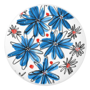 Bouton De Porte En Céramique Fleurs bleues et blanches