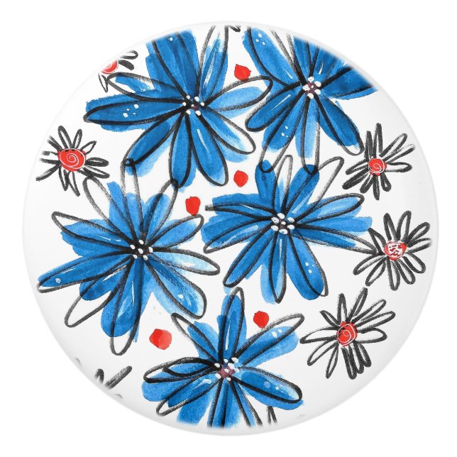 Bouton De Porte En Céramique Fleurs bleues et blanches (Devant)