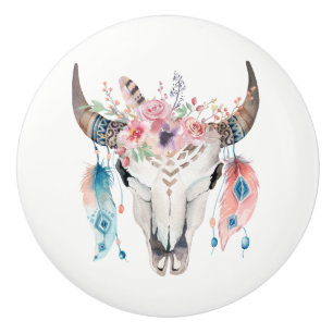 Bouton De Porte En Céramique Fleurs & Crâne de Vache Glamour de Campagne Rustiq