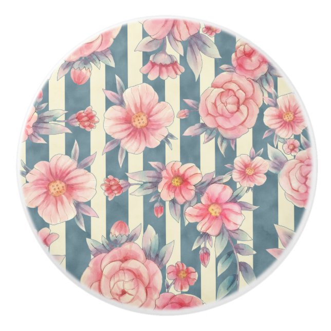 Bouton De Porte En Céramique Fleurs d'aquarelle rose sur bandes (Devant)