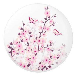 Bouton De Porte En Céramique Fleurs de cerisier papillons rose blanc