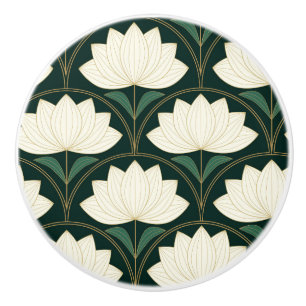 Bouton De Porte En Céramique Fleurs de lotus Art Déco sur motif d'éventails dor