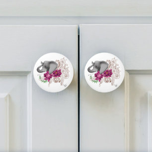 Bouton De Porte En Céramique Fleurs de lotus henné éléphant
