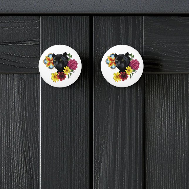 Bouton De Porte En Céramique Fleurs de Portrait Jaguar Noir (Créateur téléchargé)