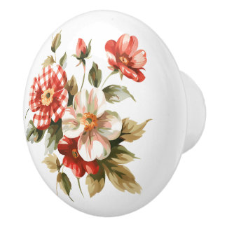Bouton De Porte En Céramique Fleurs En En vichy Blanc Rouge