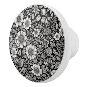 Bouton De Porte En Céramique Fleurs et feuilles noirs et blancs