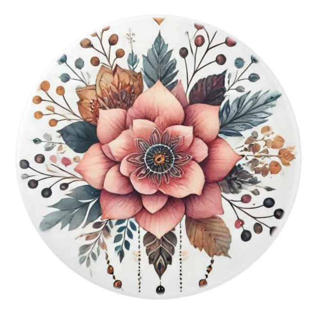 Bouton De Porte En Céramique Fleurs et plumes (Devant)