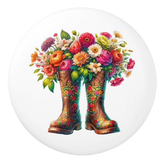 Bouton De Porte En Céramique Fleurs et pousses de jardin (Devant)