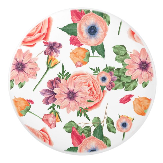 Bouton De Porte En Céramique Fleurs Jaunes Et Roses (Devant)